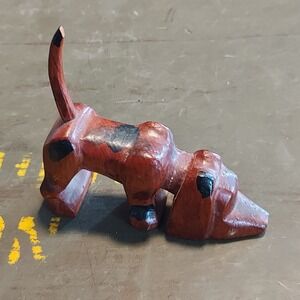 Hand Carved Wooden Dog Figurine Brown Black Spotted Puppy Folk Art Sculpture 3.5